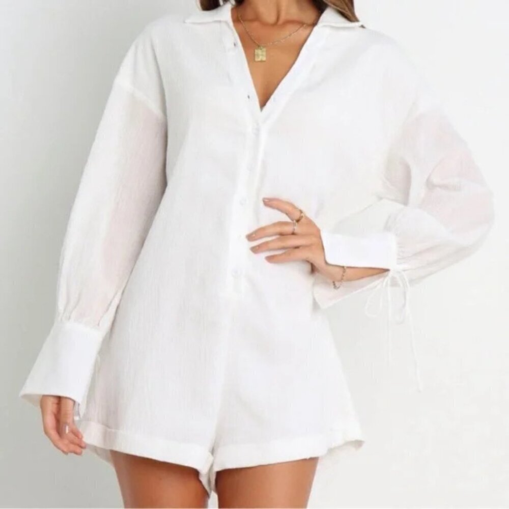 Petal + Pup Becky Playsuit White Button Front Long Sleeve Romper 37421